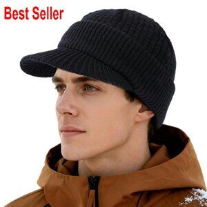 Merino Wool Beanie with Visor Bill Cable Knit Newsboy Hat Winter Warm